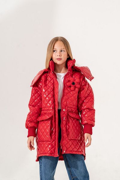 GİYİCEM Girl's Flowered Front Pocket Glossy Coat