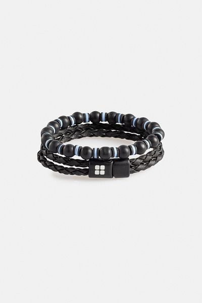 Avva Men's Black Leather and Jewelled 2-Piece Bracelet A32Y9634