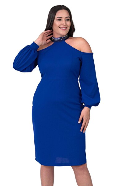 Moda Amore Büyük Beden Kadın Abiye Elbise - İşlemeli Yaka Omuz Detaylı Mini Boy 018
