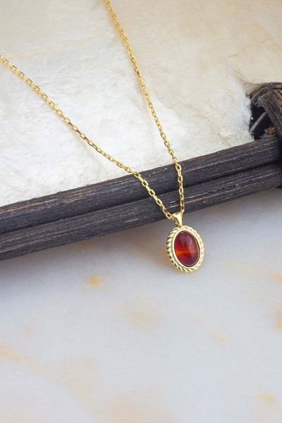 Else Silver 925 Ayar Kırmızı Taşlı Oval Minimal Gümüş Kolye