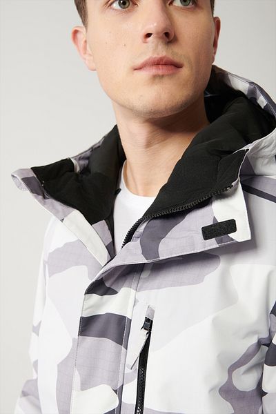 Avva Men's White-Gray Hooded Patterned Water Repellent Windproof Ski/Ski Coat A32Y6095