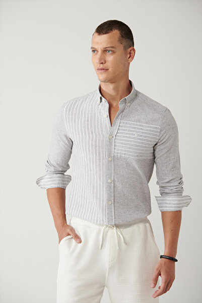 Avva Men's Light Gray Striped Garnished Linen Blend Regular Fit Shirt A41Y2066