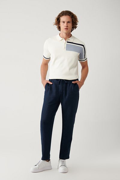 Avva Ανδρικό Navy Blue ελαστικό παντελόνι μέσης 100% λινό Β 003032