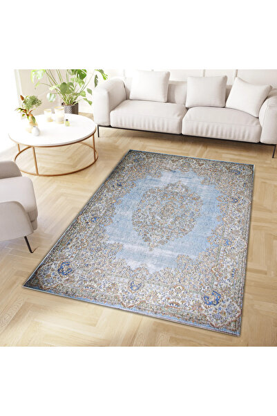 Rugs Modern Halı Melek Koleksiyonu Mavi Detaylı Çiçek Desenli Dokuma Taban Mo...