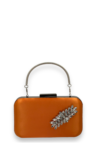 MidStore Orange Color Satin Silver Case Silver Stone Handle Evening Evening B...