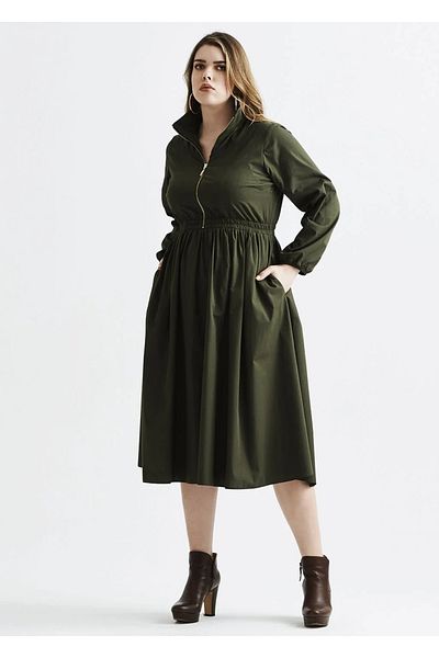 EVEN plus size Green Long Sleeve Poplin Plus Size Dress