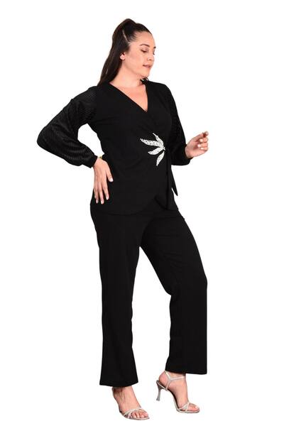 Moda Amore Bársony ujjú, nagy méretű, kétrészes estélyi ruha szett - levélhímzés 019