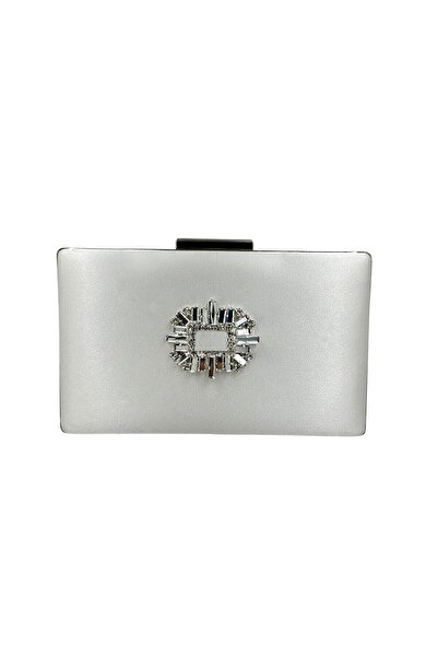 MidStore Ecru Color Satin Silver Case Silver Stone Evening Dress Bag Evening ...