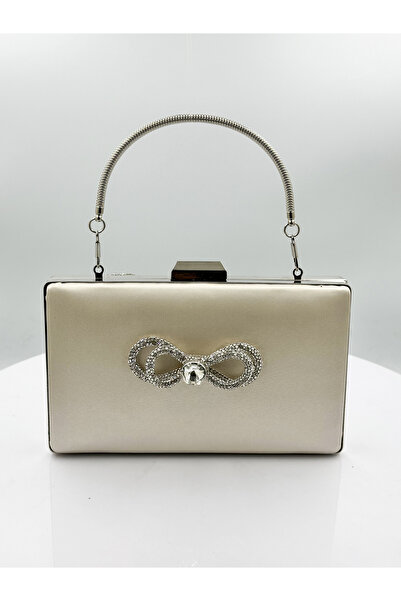 Wedding Fashion Geantă de seară din satin nud - cu carcasă argintie și strasu...