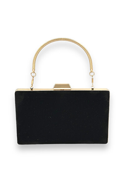 Wedding Fashion Pochetă neagră de seară cu mâner metalic din piele intoarsa -...