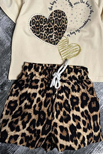 Riccotarz Girl's Leopard Patterned Combed Cotton Cream Shorts Set