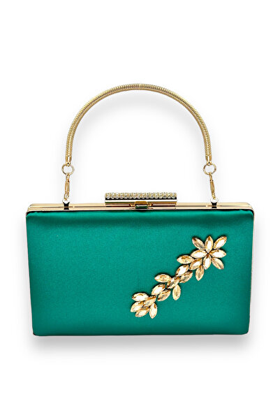 MidStore Green Color Handle Satin Crystal Stone Evening Dress Bag Evening Bag...