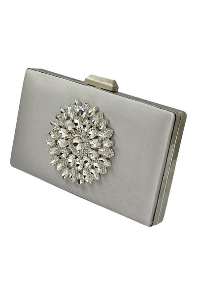 MidStore Culoare Gri Satin Cu Carcasă Argintiu Piatră Argintie Geanta Rochie De Seara Geanta De Seara Portofoliu De Logodna Nunta