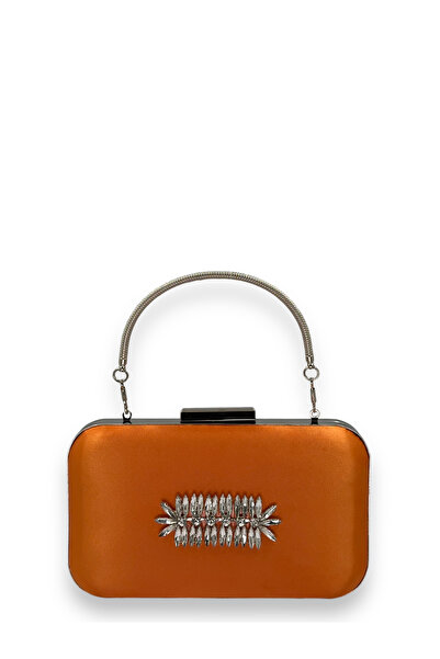 MidStore Orange Color Satin Silver Case Silver Stone Handle Evening Evening B...