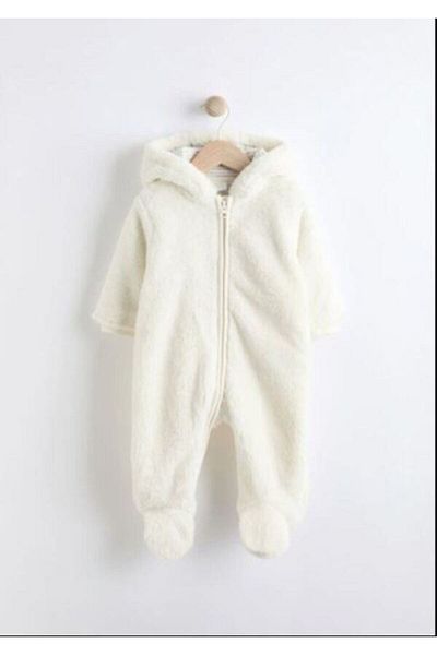 Next Ecru Color Baby Girl Zippered Hooded Fleece Romper