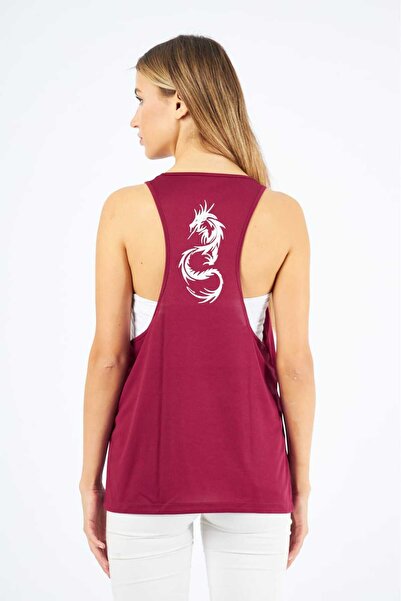 YÜKSEL IŞIK Burgundy Colored Sports Tank Top - Printed Design