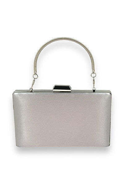 Wedding Fashion Geantă elegantă gri argintiu din material satin cu carcasă argintie și pietre argintii, pentru seară, nuntă sau logodnă.