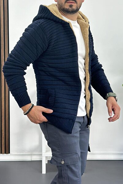 Edwox Чоловічий трикотажний кардиган з капюшоном на блискавці, синій T743