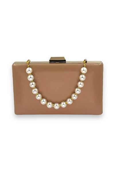 MidStore حقيبة سهرة بلون عاري مزينة باللؤلؤ حقيبة سهرة محفظة يد