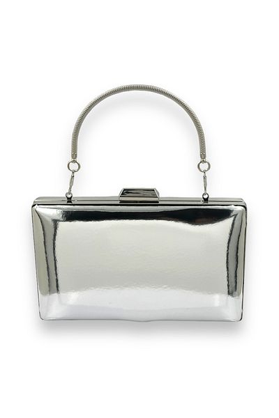 MidStore Silver Gray Lame Mirror Patent Leather Metal Handle Evening Dress Bag Evening Bag Henna Wedding Engagement Prom