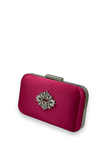 MidStore Fuchsia Color Satin Silver Case Silver Stone Evening Dress Bag Eveni...