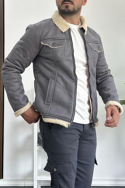 Edwox Γκρι Faux Sequin Δερμάτινο Παλτό - Ανδρική Γούνα Εσωτερικά Edw120