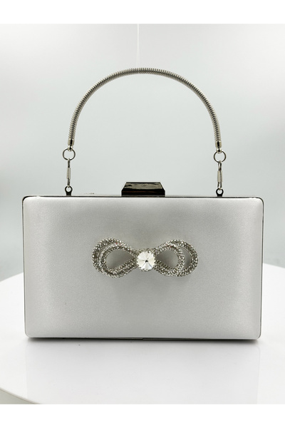MidStore Ecru Color Satin Silver Case Silver Stone Evening Dress Bag Evening ...