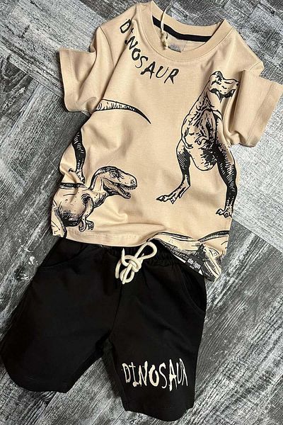 Riccotarz Set de tricou pentru băieți din dinozaur text și imprimat vizual Supreme Beige