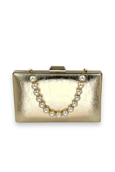MidStore Geantă eleganță aurie cu mâner din perle, din piele lăcuită cu aspec...