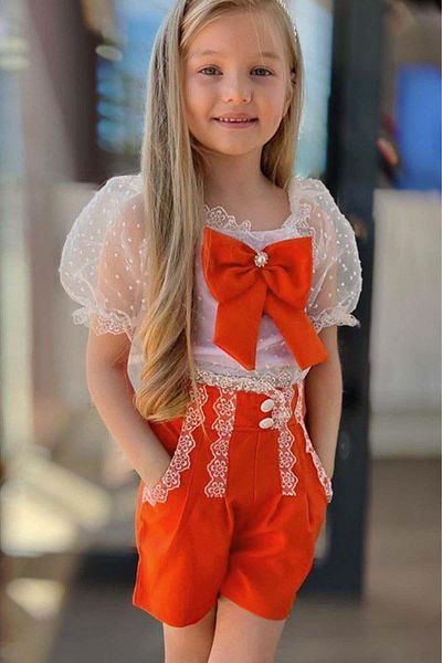 Riccotarz Girl's Square Collar Transparent Detailed Orange Shorts Suit