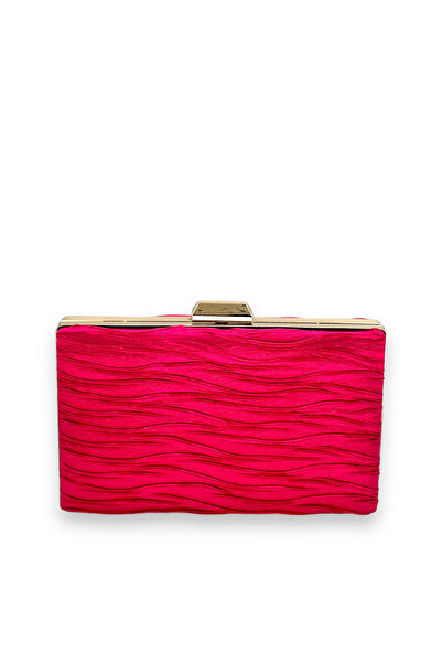 Generic Brand Fuchsia Pleated Satin Evening Dress Bag with Metal Handle Handl...