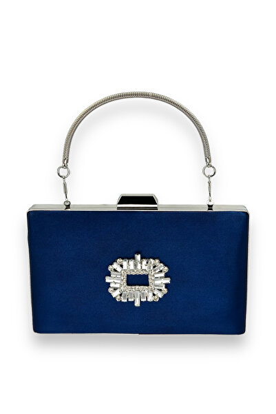 MidStore Navy Blue Color Satin Crystal Stone Evening Dress Bag Evening Bag He...