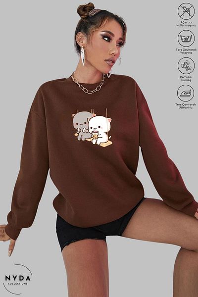 Nyda Collections Unisex μακρυμάνικο Bubu Dudu Swing με στάμπα με λαιμόκοψη χωρίς κουκούλα Raster Oversize φούτερ