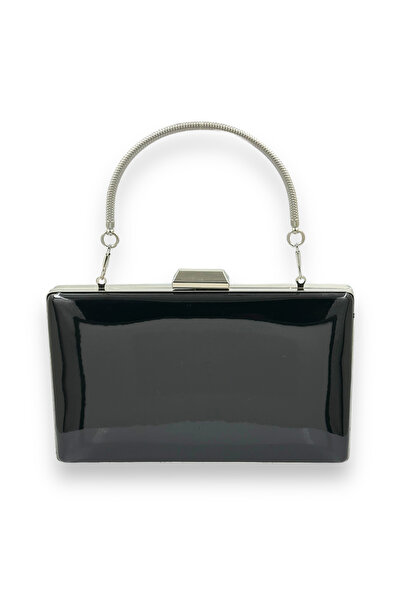 MidStore Culoare neagră, oglindă, piele lacuită, mâner metalic, geantă de sea...