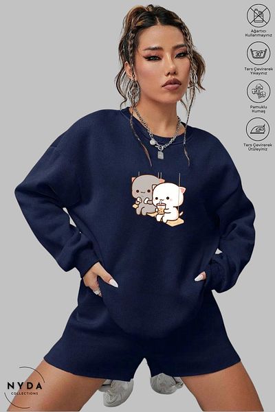 Nyda Collections Unisex μακρυμάνικο Bubu Dudu Swing με στάμπα με λαιμόκοψη χωρίς κουκούλα Raster Oversize φούτερ