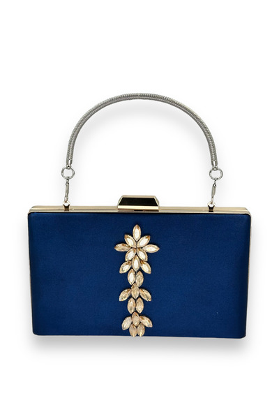 MidStore Navy Blue Color Satin Crystal Stone Evening Dress Bag Evening Bag He...