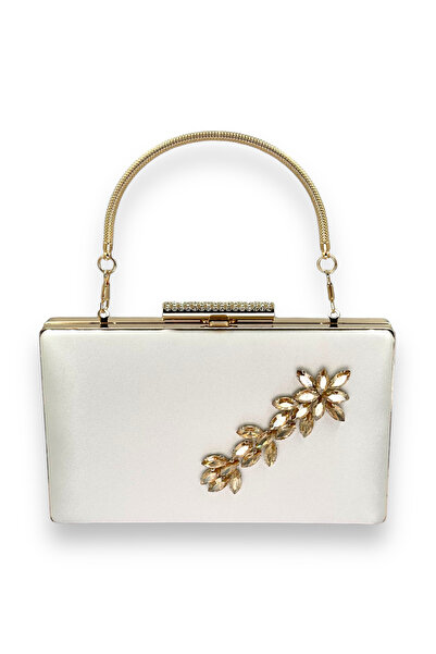 MidStore Ecru Pearl White Color Satin Crystal Stone Evening Dress Bag Evening...
