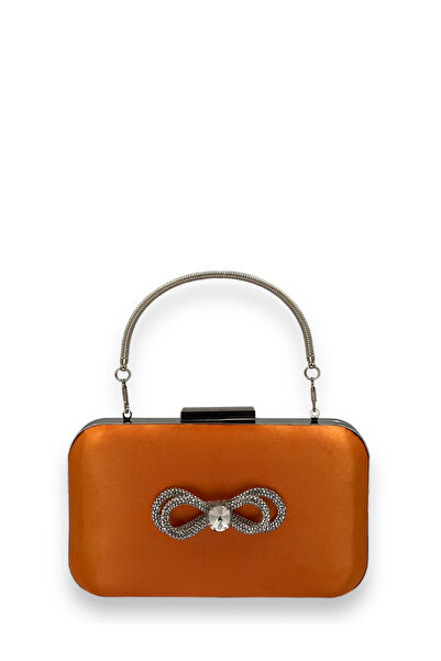 MidStore Orange Color Satin Silver Case with Handle Silver Stone Evening Dres...