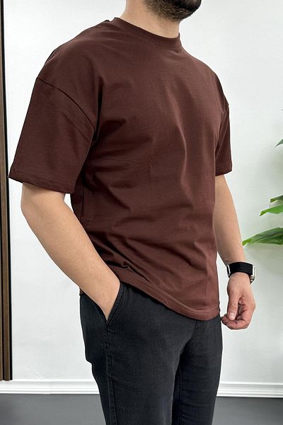 Edwox Мъжка тениска Oversize, 100% памучна, дишаща, кафява, Edw038