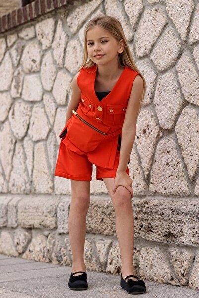 Riccotarz Πορτοκαλί χτενισμένη βαμβακερή μπλούζα, αμάνικο γιλέκο και τσέπη με λεπτομέρειες και σορτς για κορίτσια