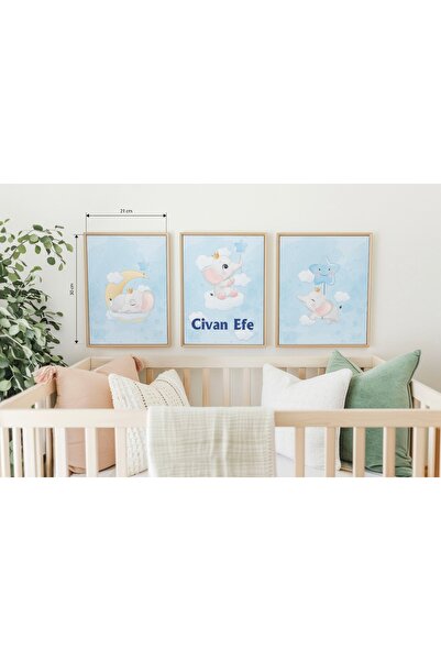 ENCİVA İsme Özel 3'Lü Bebek Odası Tablosu Oda Dekoru Yeni Doğan Hediyesi BEBE...
