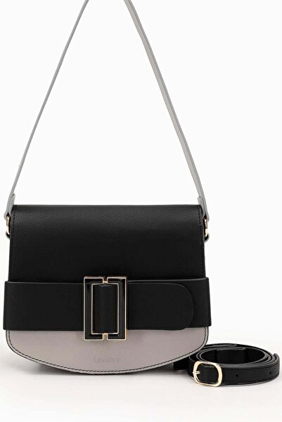 Levidor Black Gray Buckle Design Shoulder Bag