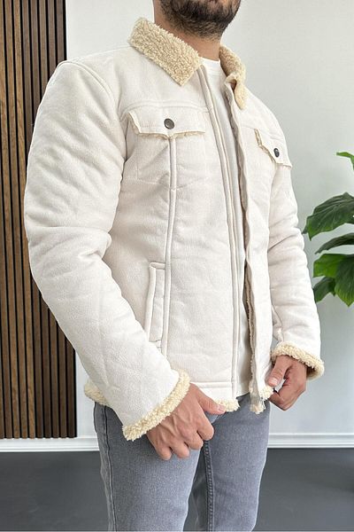 Edwox Palton alb din piele artificială cu paiete - Bărbați, blană pe interior, Edw120