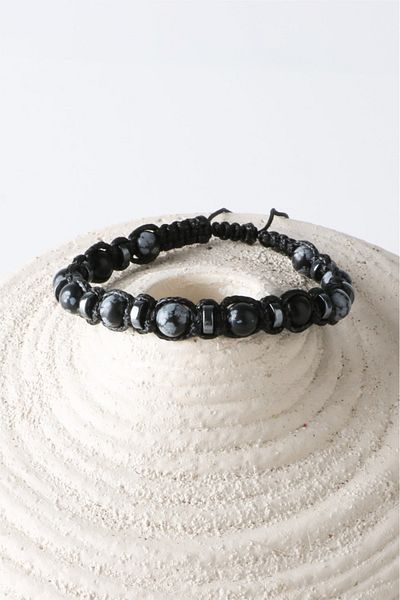 OSMANLI DOĞAL TAŞ 6mm Dietic Genuine Certified Men's Bracelet - Natural Stone with Snowy Obsidian and Hematite String