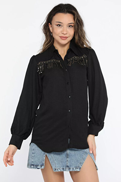 GÜLSELİ Black Women's Sequin Detailed Tasseled Balloon Sleeve Shirt