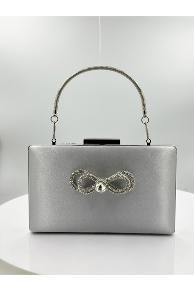 MidStore Silver Gray Color Satin Silver Case Silver Stone Evening Dress Bag E...