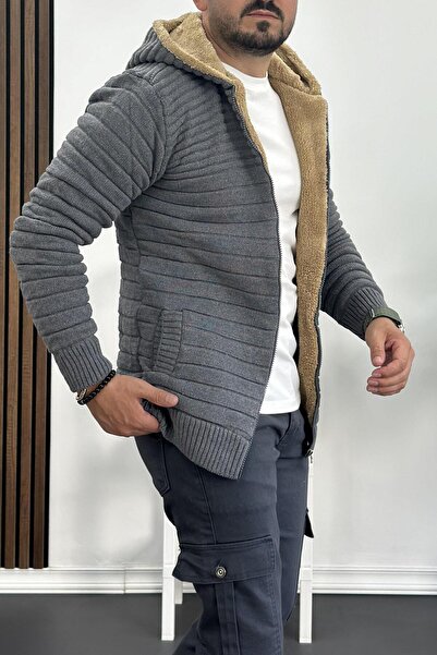 Edwox Men's Fur-Lined Hooded Zippered Knitwear Cardigan Gray T743