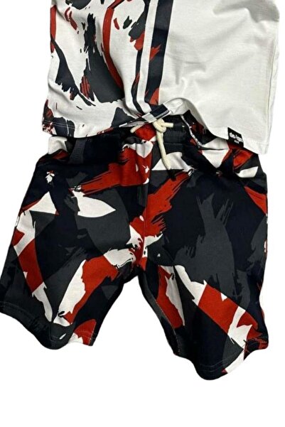 Riccotarz Boy's Happy Text and Camouflage Patterned Red Shorts Set with Pockets