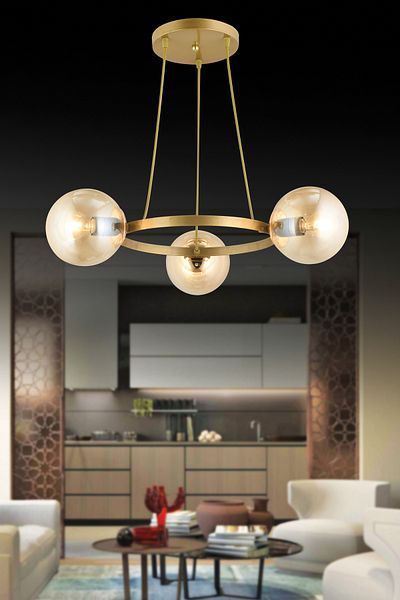 SONSUZ AYDINLATMA&AVİZE Endless Antique 3-Piece Ring Honey Globe Glass Modern Chandelier
