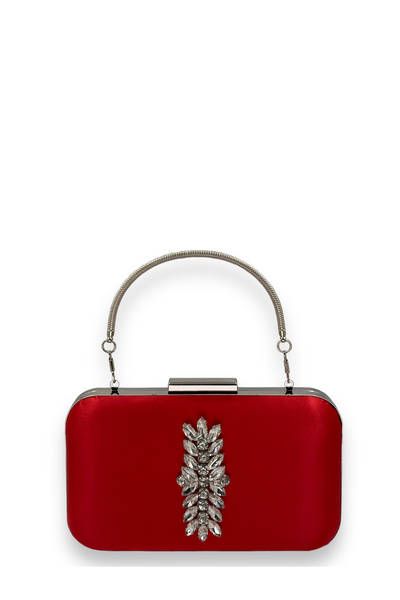 MidStore Red Color Satin Silver Case Silver Stone Handle Evening Dress Evenin...